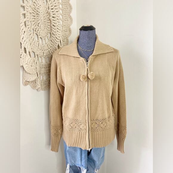Vintage Zip Front Y2K Cozy Tan Sweater with Crochet Details Size Large - Picture 1 of 4